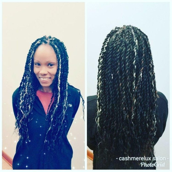Two pictures of a woman with braids before and after.